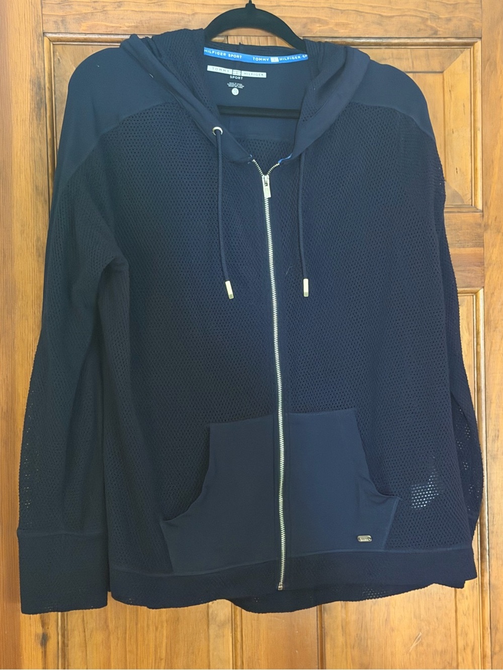 Tommy Hilfiger Sport Women XL Navy Mesh Full Zip Hoodie Logo Sleeve Jacket
